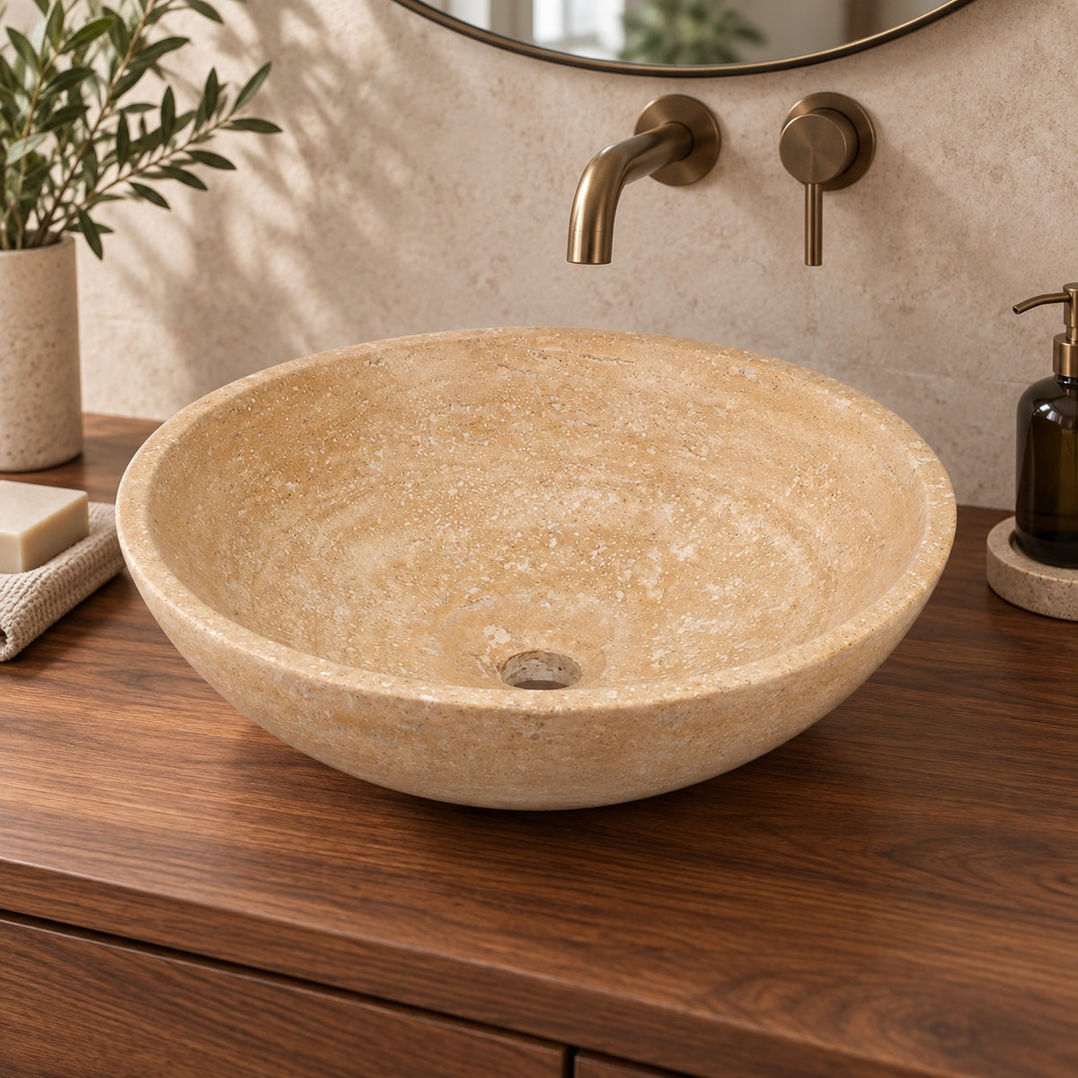 Vinko Travertino Romano Travertine Vessel Sink, second countertop lifestyle setting