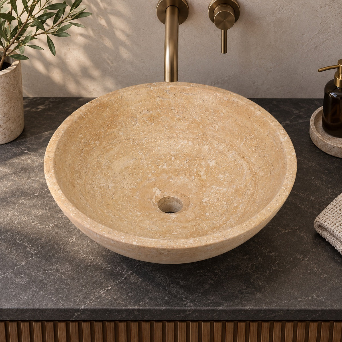 Vinko Travertino Romano Travertine Vessel Sink, alternate countertop lifestyle angle