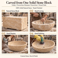 Vinko Travertino Romano Travertine Vessel Sink carved from one solid stone block, showing manual hammer-and-chisel carving, hand shaping and hand polishing; custom stone, size and finish.