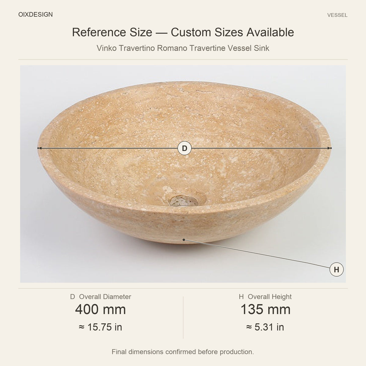 Vinko Travertino Romano Travertine Vessel Sink reference overall dimensions in millimeters and inches