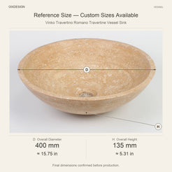 Vinko Travertino Romano Travertine Vessel Sink reference overall dimensions in millimeters and inches