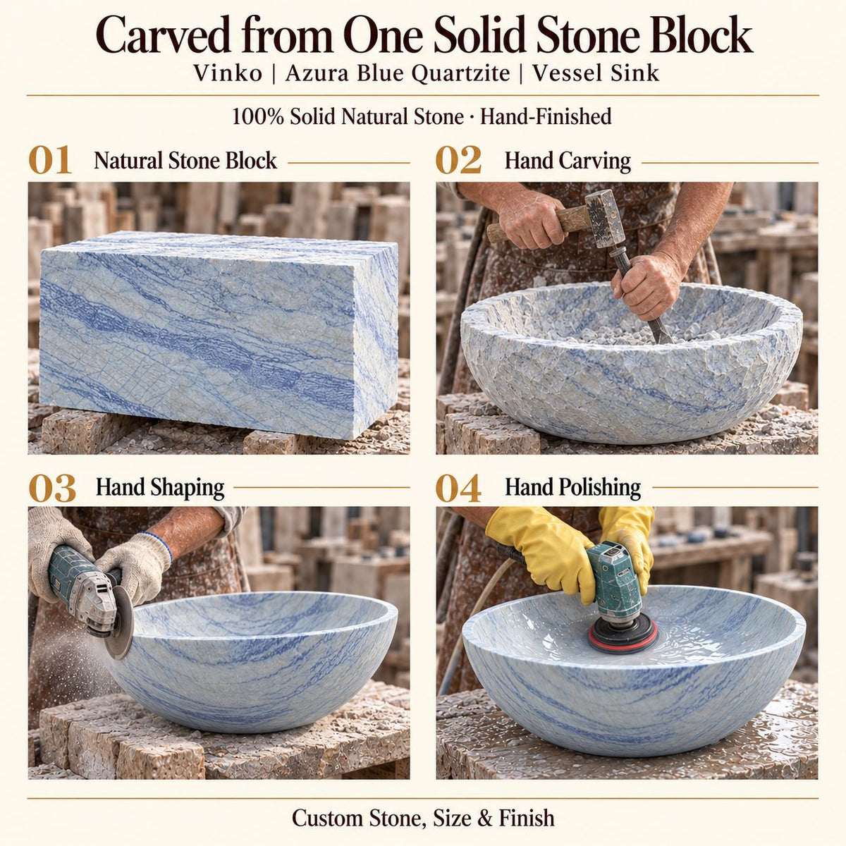 Vinko Azura Blue Quartzite Vessel Sink carved from one solid stone block, showing manual hammer-and-chisel carving, hand shaping and hand polishing; custom stone, size and finish.