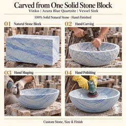 Vinko Azura Blue Quartzite Vessel Sink carved from one solid stone block, showing manual hammer-and-chisel carving, hand shaping and hand polishing; custom stone, size and finish.
