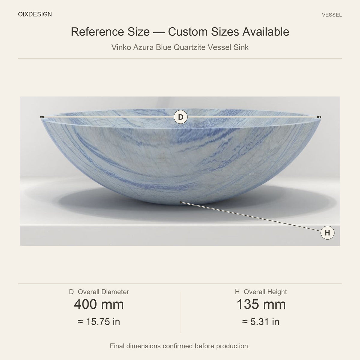 Vinko Azura Blue Quartzite Vessel Sink reference overall dimensions in millimeters and inches