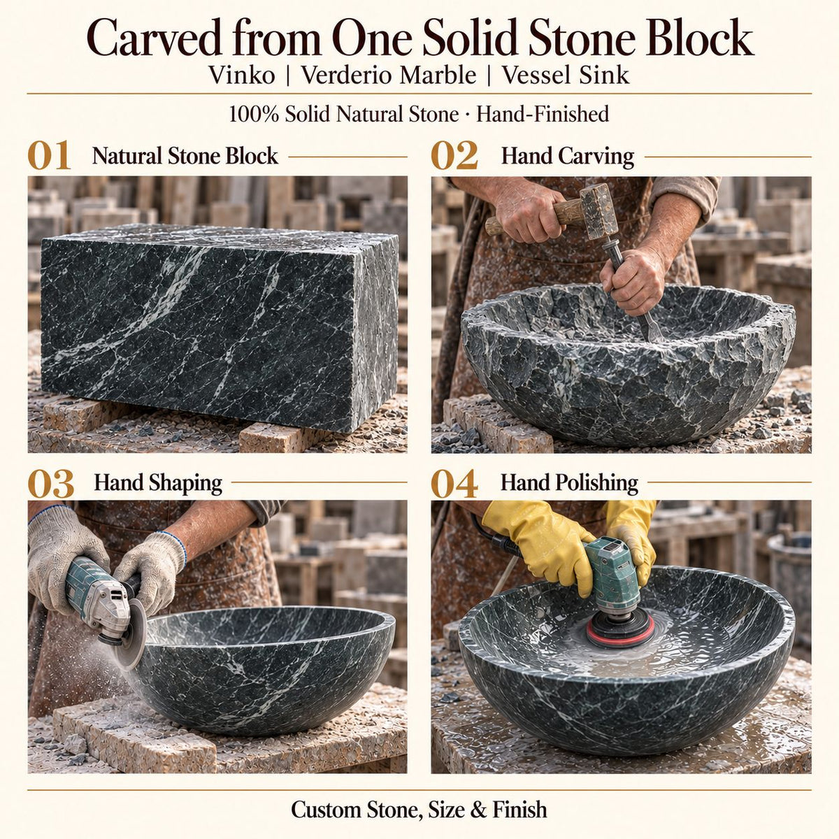 Vinko Verderio Marble Vessel Sink carved from one solid stone block, showing manual hammer-and-chisel carving, hand shaping and hand polishing; custom stone, size and finish.