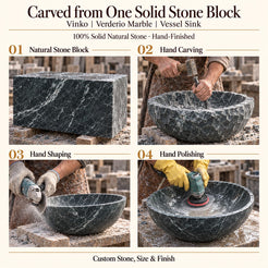 Vinko Verderio Marble Vessel Sink carved from one solid stone block, showing manual hammer-and-chisel carving, hand shaping and hand polishing; custom stone, size and finish.