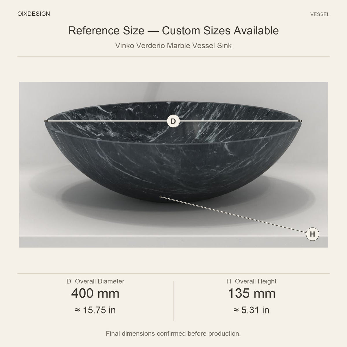 Vinko Verderio Marble Vessel Sink reference overall dimensions in millimeters and inches