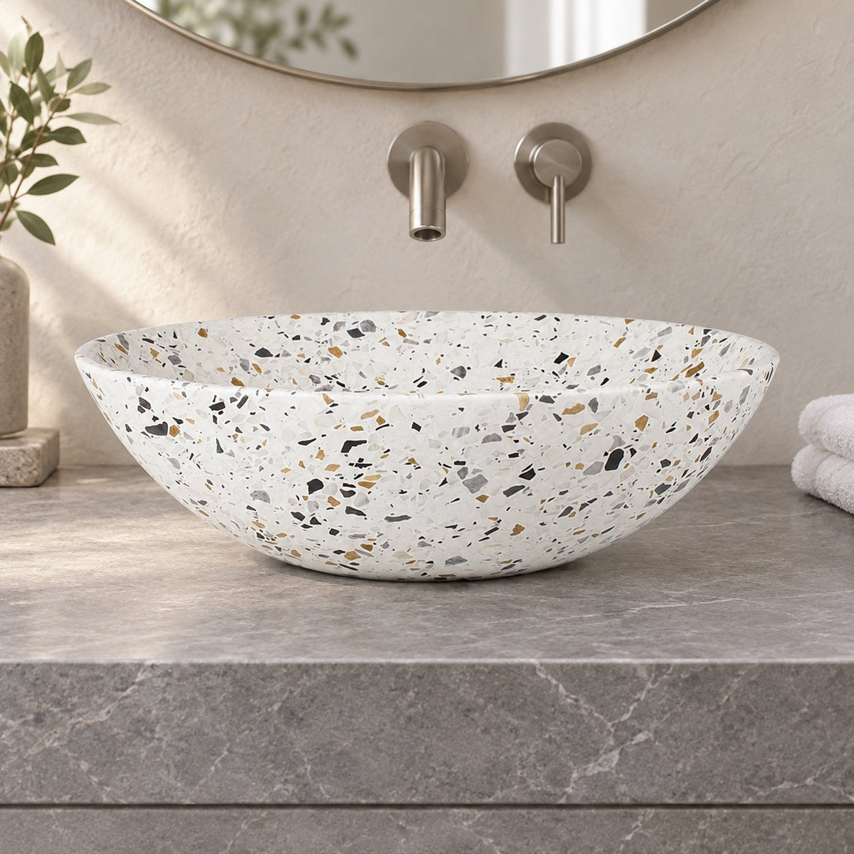 Vinko White Terrazzo Vessel Sink — low frontal bathroom lifestyle