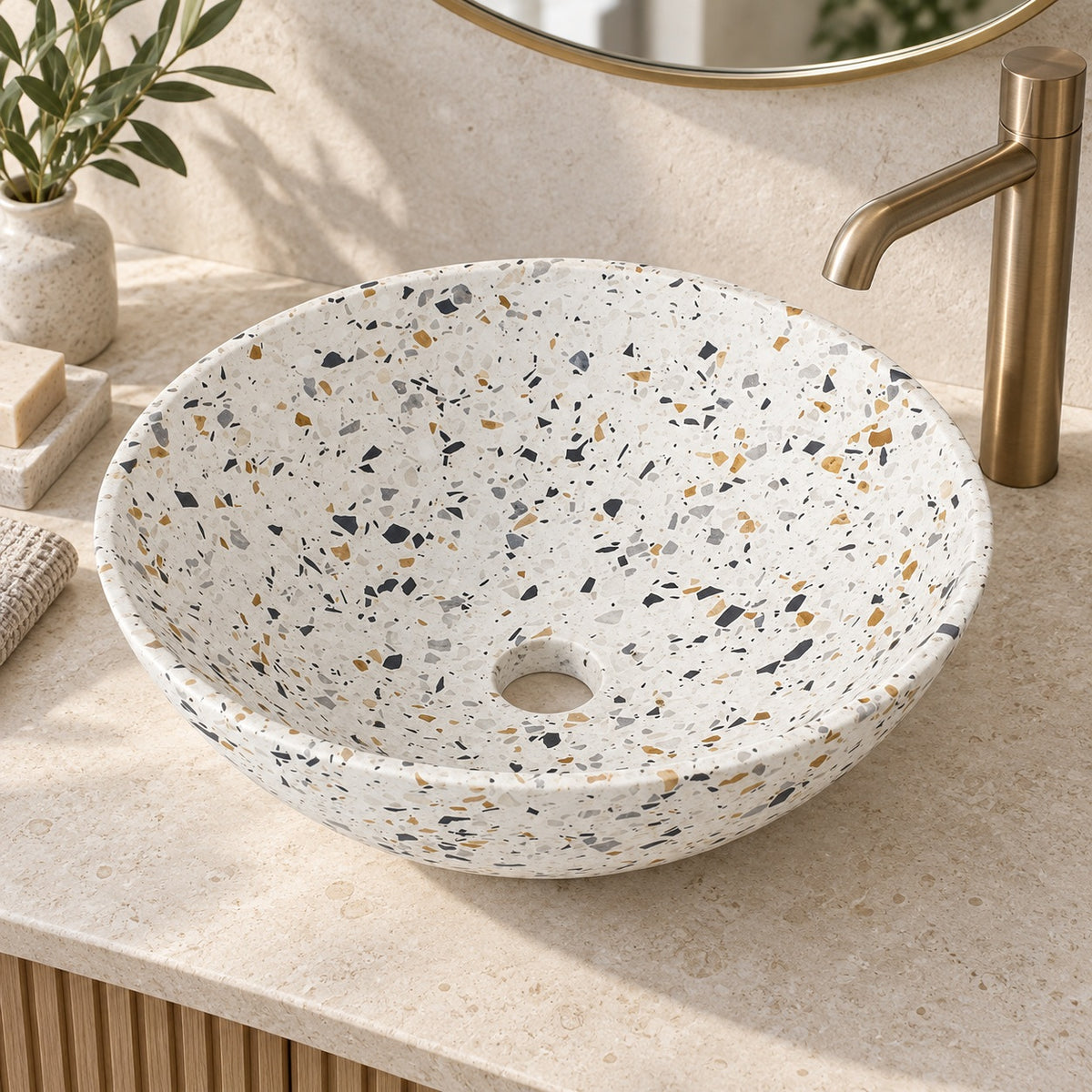 Vinko White Terrazzo Vessel Sink, countertop hero lifestyle view