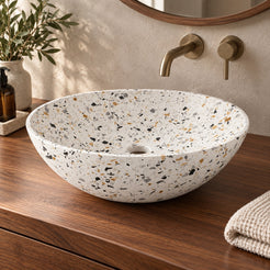Vinko White Terrazzo Vessel Sink, second countertop lifestyle setting