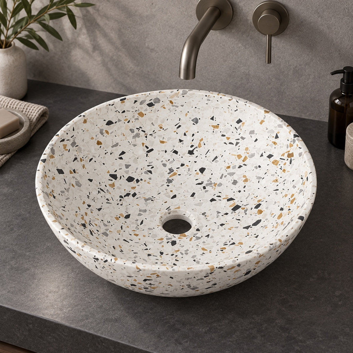Vinko White Terrazzo Vessel Sink, alternate countertop lifestyle angle
