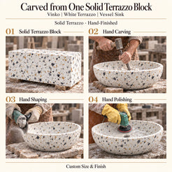 Vinko White Terrazzo Vessel Sink carved from one solid terrazzo block, with hand carving, hand shaping and hand polishing; custom size and finish.