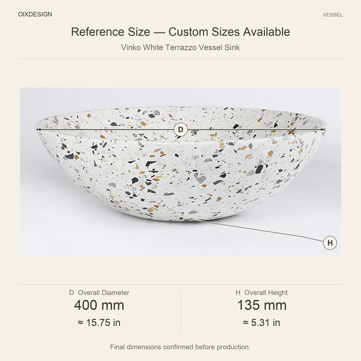 Vinko White Terrazzo Vessel Sink reference overall dimensions in millimeters and inches