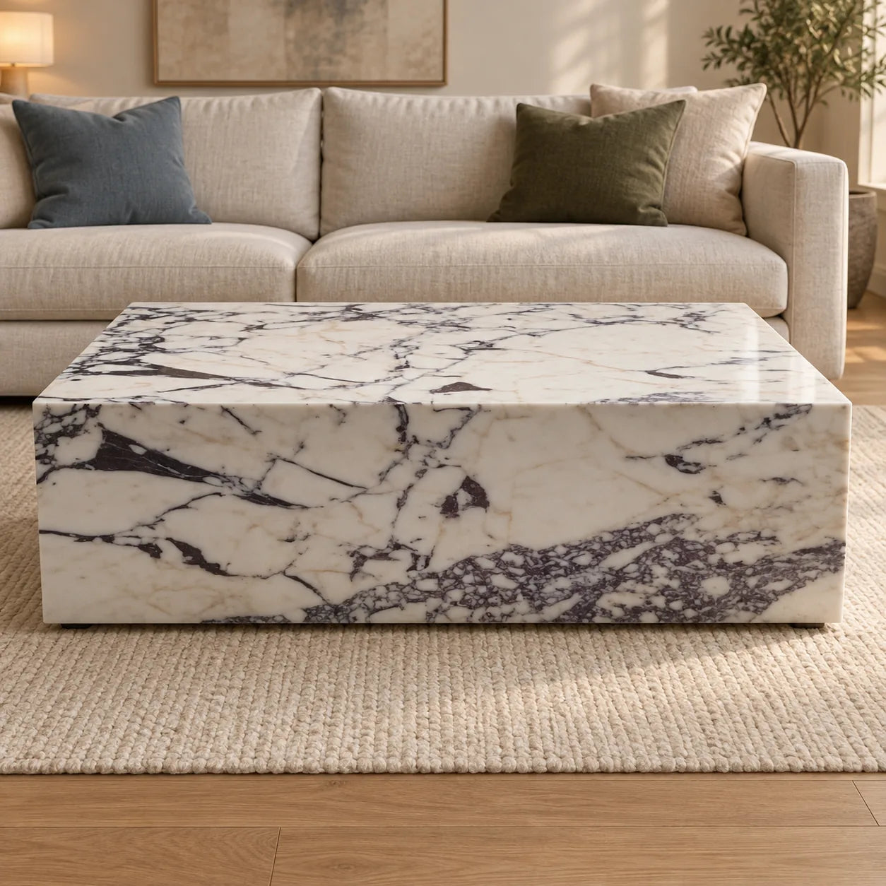 ViolaPlinth Calacatta Viola marble coffee table in a linen-sofa living room, shown from a raised long-side view
