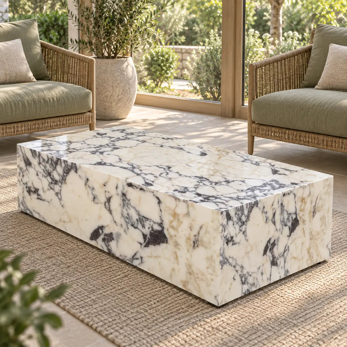 ViolaPlinth Calacatta Viola marble coffee table in a garden sunroom, shown from an elevated front-quarter view