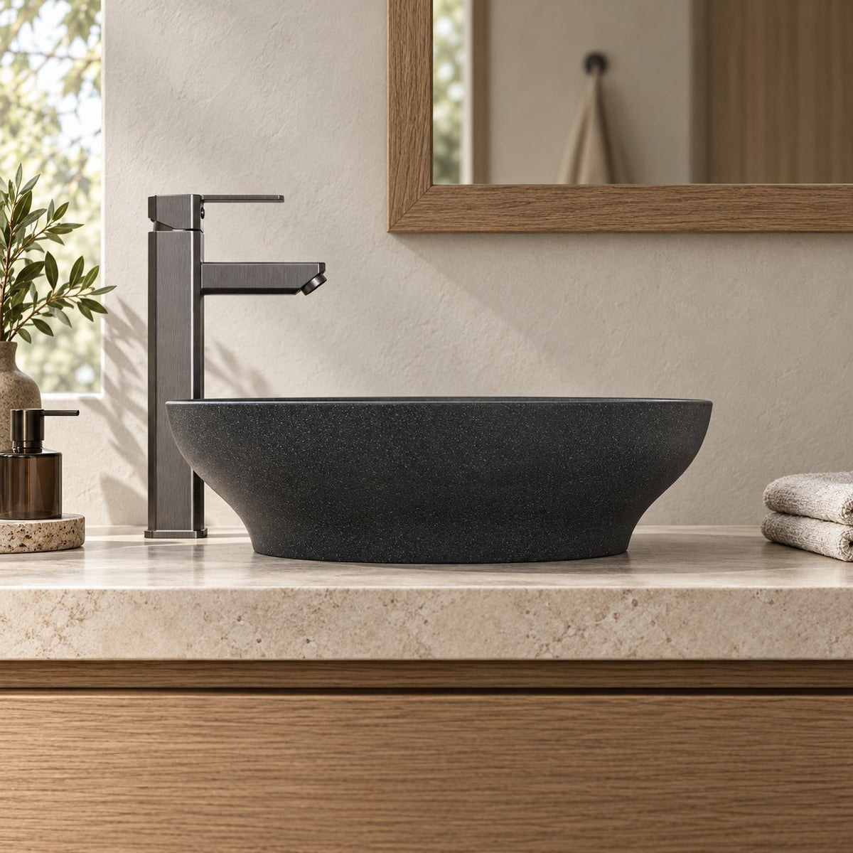 Vipra Neroco Stone Vessel Sink — low frontal bathroom lifestyle