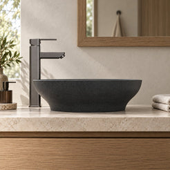 Vipra Neroco Stone Vessel Sink — low frontal bathroom lifestyle