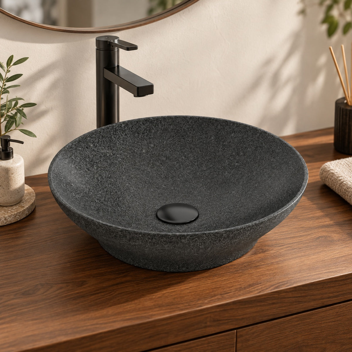 Vipra Neroco Stone Vessel Sink, second countertop lifestyle setting