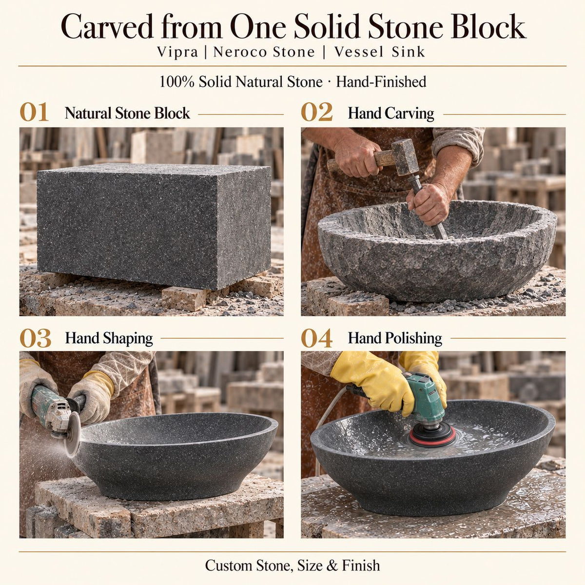 Vipra Neroco Stone Vessel Sink carved from one solid stone block, showing manual hammer-and-chisel carving, hand shaping and hand polishing; custom stone, size and finish.