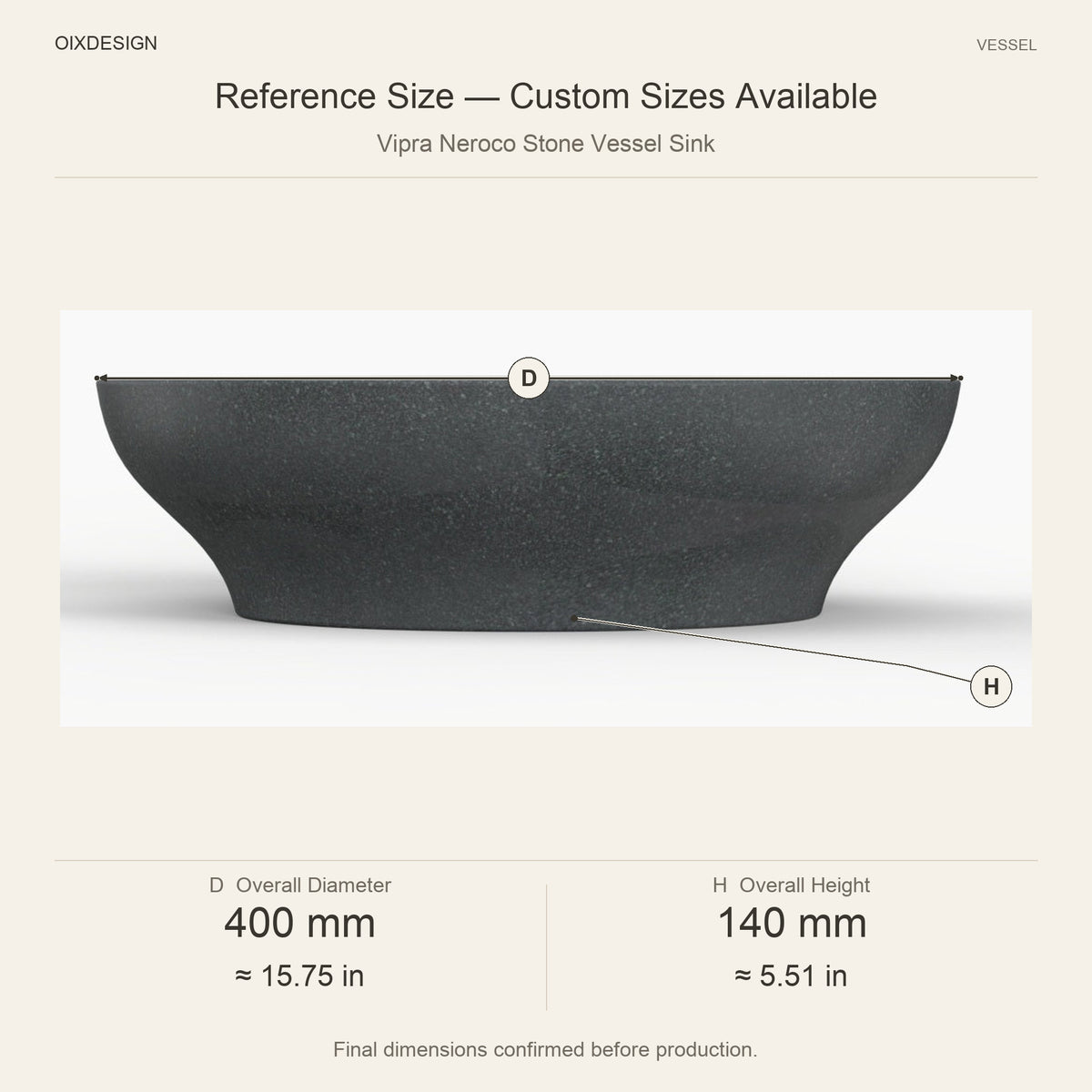 Vipra Neroco Stone Vessel Sink reference overall dimensions in millimeters and inches