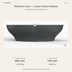 Vipra Neroco Stone Vessel Sink reference overall dimensions in millimeters and inches