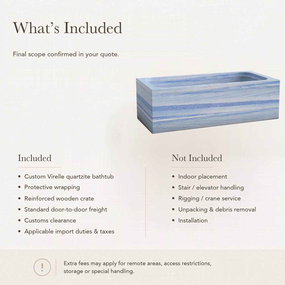 Virelle Rectangular Freestanding Soaking Bathtub – Azura Blue Quartzite — What’s Included in the Reference Price.