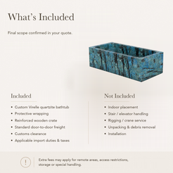 Virelle Rectangular Freestanding Soaking Bathtub – Danube Blue Quartzite — What’s Included in the Reference Price.