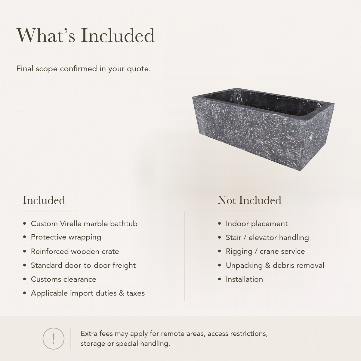 Virelle Rectangular Freestanding Soaking Bathtub – Dark Emperador Marble — What’s Included in the Reference Price.