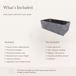 Virelle Rectangular Freestanding Soaking Bathtub – Dark Emperador Marble — What’s Included in the Reference Price.
