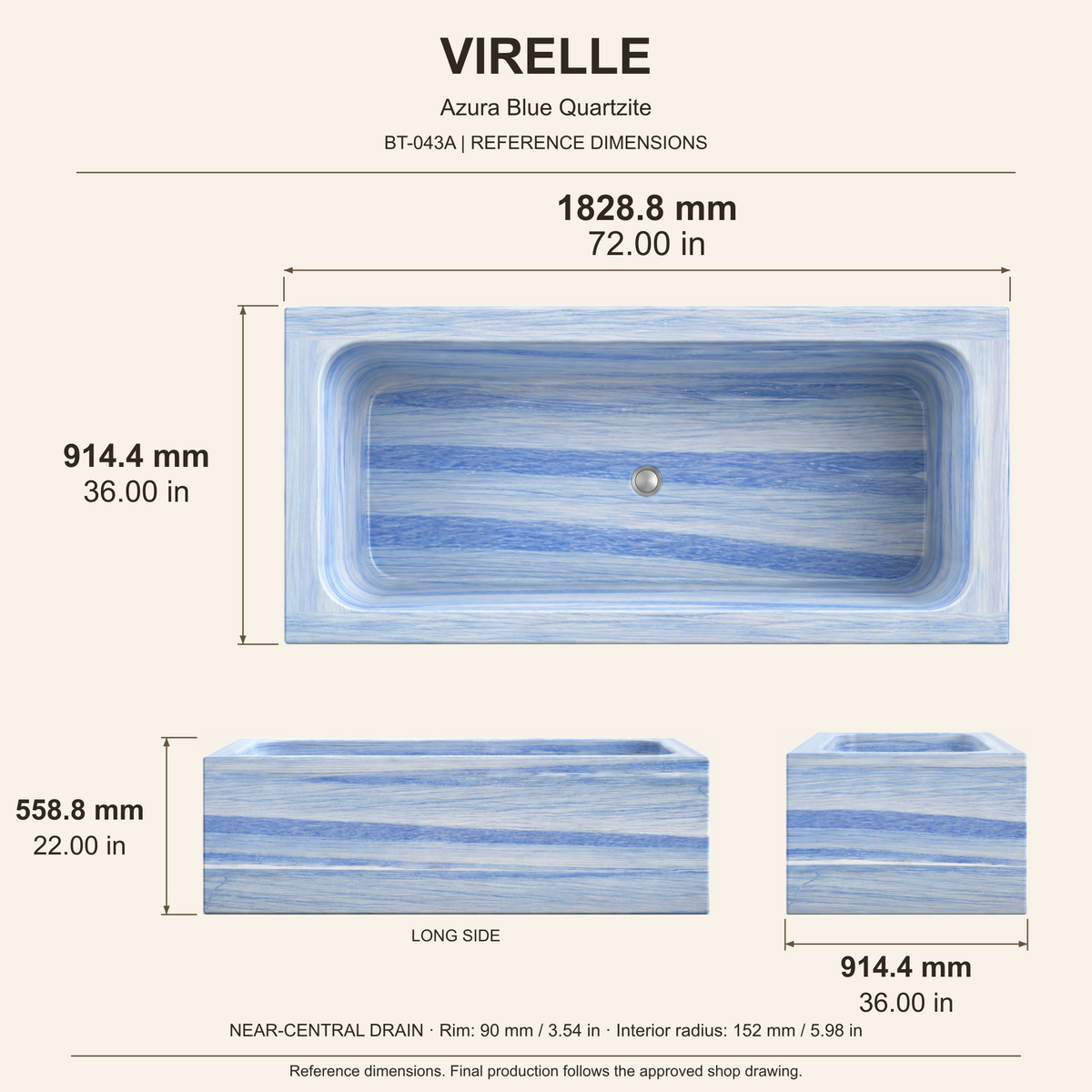 Virelle Rectangular Freestanding Soaking Bathtub – Azura Blue Quartzite reference dimensions: 1828.8 x 914.4 x 558.8 mm, with matching top, long-side and end views; measurements in millimetres and inches.