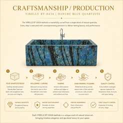 OIXDESIGN representative Virelle BT-043A Danube Blue Quartzite craftsmanship and production reference: solid quartzite block, hollowing and carving, shaping, hand finishing and polishing, and quality control