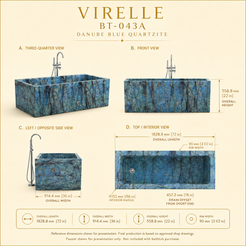 Virelle BT-043A Danube Blue Quartzite bathtub reference dimensions, 1828.8 × 914.4 × 558.8 mm / 72 × 36 × 22 in, 90 mm rim, R152 mm interior radius, 457.2 mm / 18 in drain offset