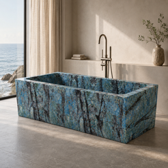 Virelle Danube Blue Quartzite rectangular soaking bathtub in a boutique-hotel coastal bathroom, styled visualization