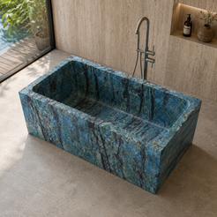 Virelle Danube Blue Quartzite rectangular soaking bathtub in a natural-light courtyard wellness bathroom, styled visualization