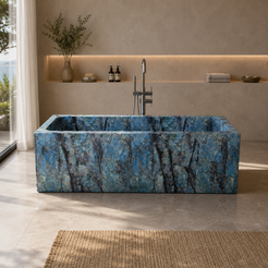Virelle Danube Blue Quartzite rectangular soaking bathtub in a bright warm architectural bathroom, styled visualization