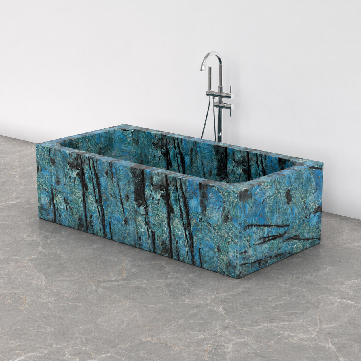 Virelle Danube Blue Quartzite BT-043A rectangular soaking bathtub exact-source three-quarter product reference view