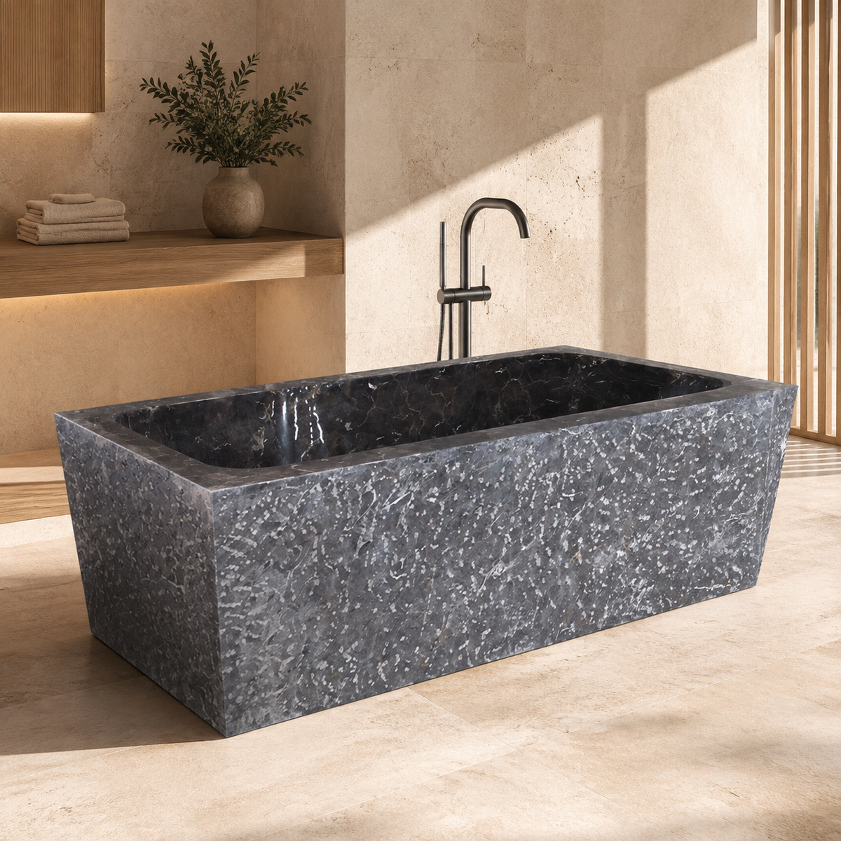 Virelle Rectangular Freestanding Soaking Bathtub – Dark Emperador Marble in a warm ivory-limestone luxury bathroom; exact product geometry and material preserved