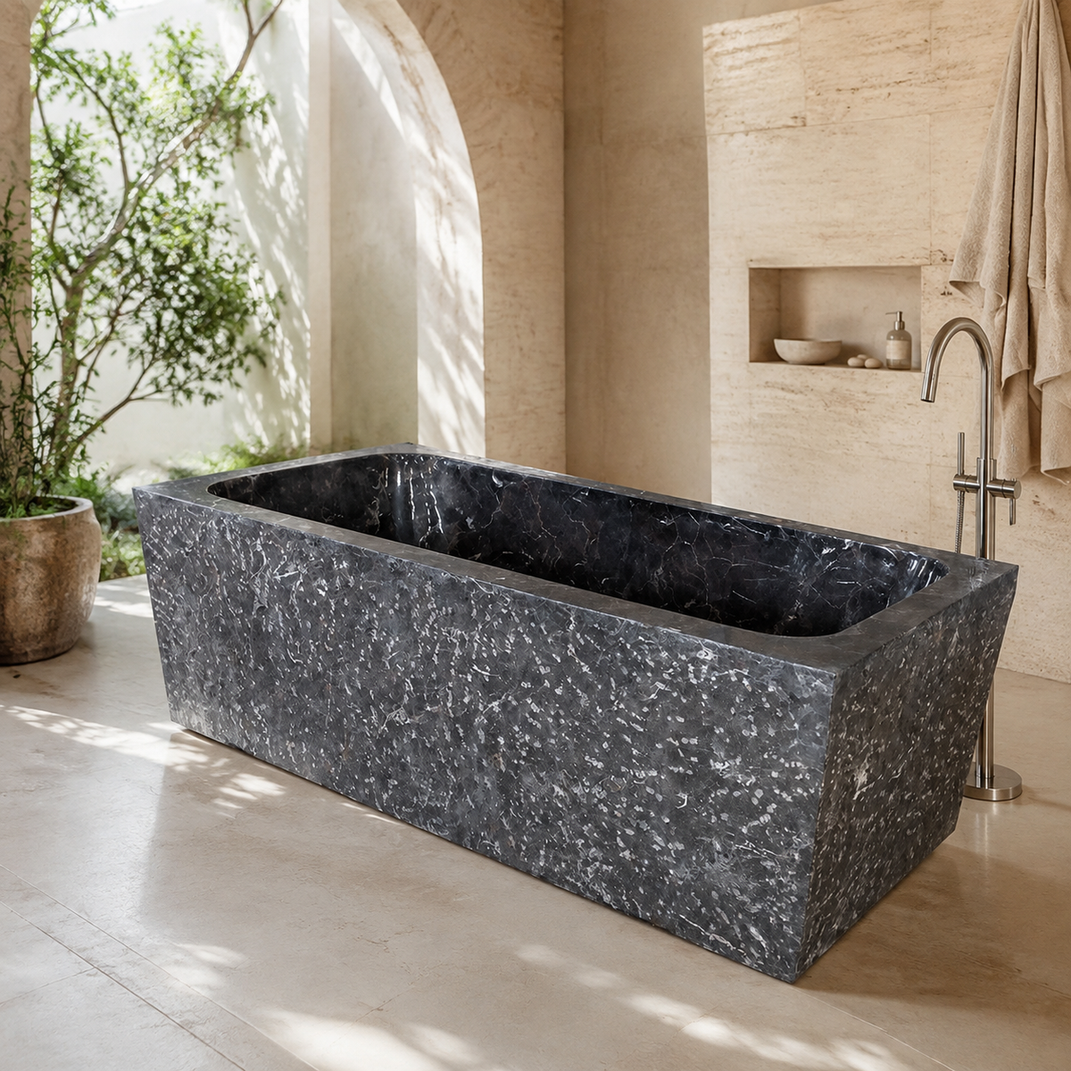 Virelle Rectangular Freestanding Soaking Bathtub – Dark Emperador Marble in a bright serene courtyard spa bathroom; exact product geometry and material preserved