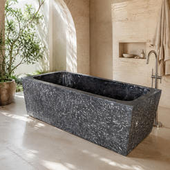 Virelle Rectangular Freestanding Soaking Bathtub – Dark Emperador Marble in a bright serene courtyard spa bathroom; exact product geometry and material preserved