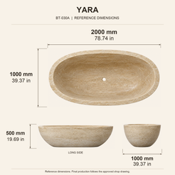 YARA Beige Travertine Freestanding Soaking Bathtub reference dimension drawing with top, long-side and short-end views, measurements in millimetres and inches.