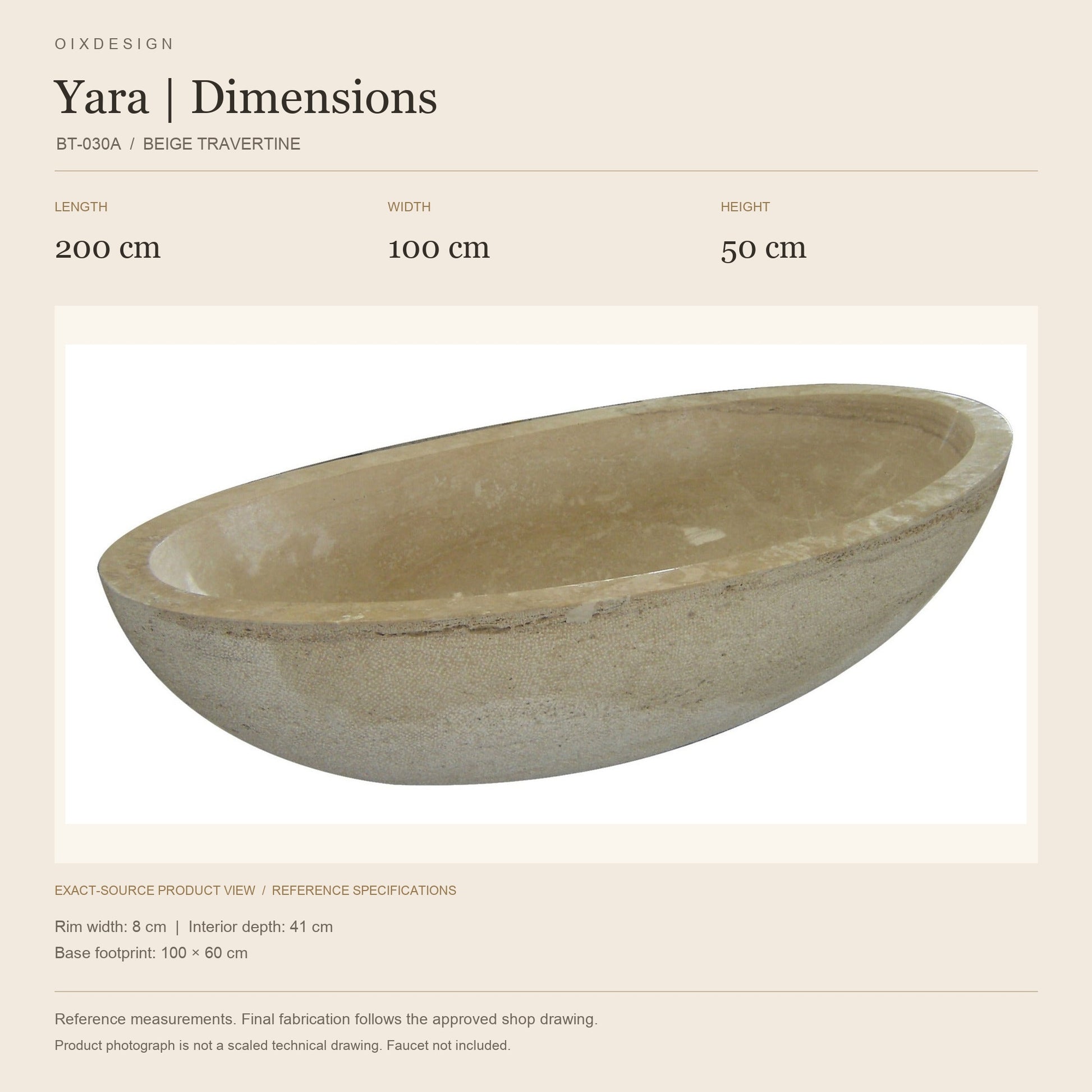 Yara BT-030A Beige Travertine bathtub reference dimensions: length 200 cm, width 100 cm, height 50 cm; actual-source product image in a warm ivory specification layout