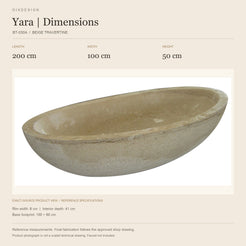 Yara BT-030A Beige Travertine bathtub reference dimensions: length 200 cm, width 100 cm, height 50 cm; actual-source product image in a warm ivory specification layout