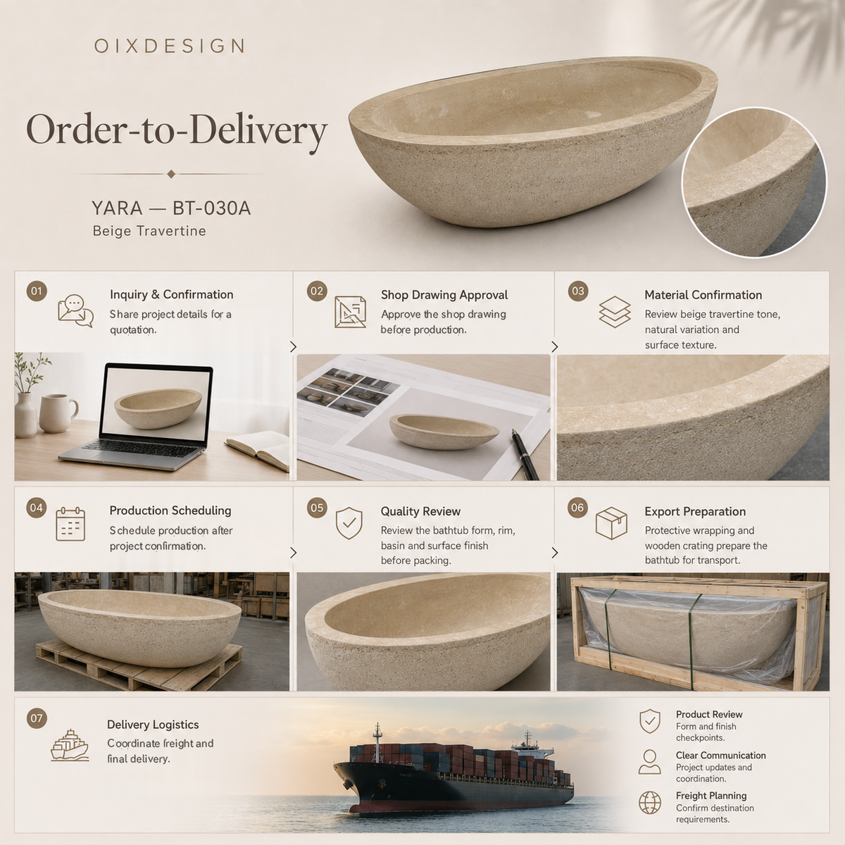 YARA BT-030A Beige Travertine bathtub — order-to-delivery.