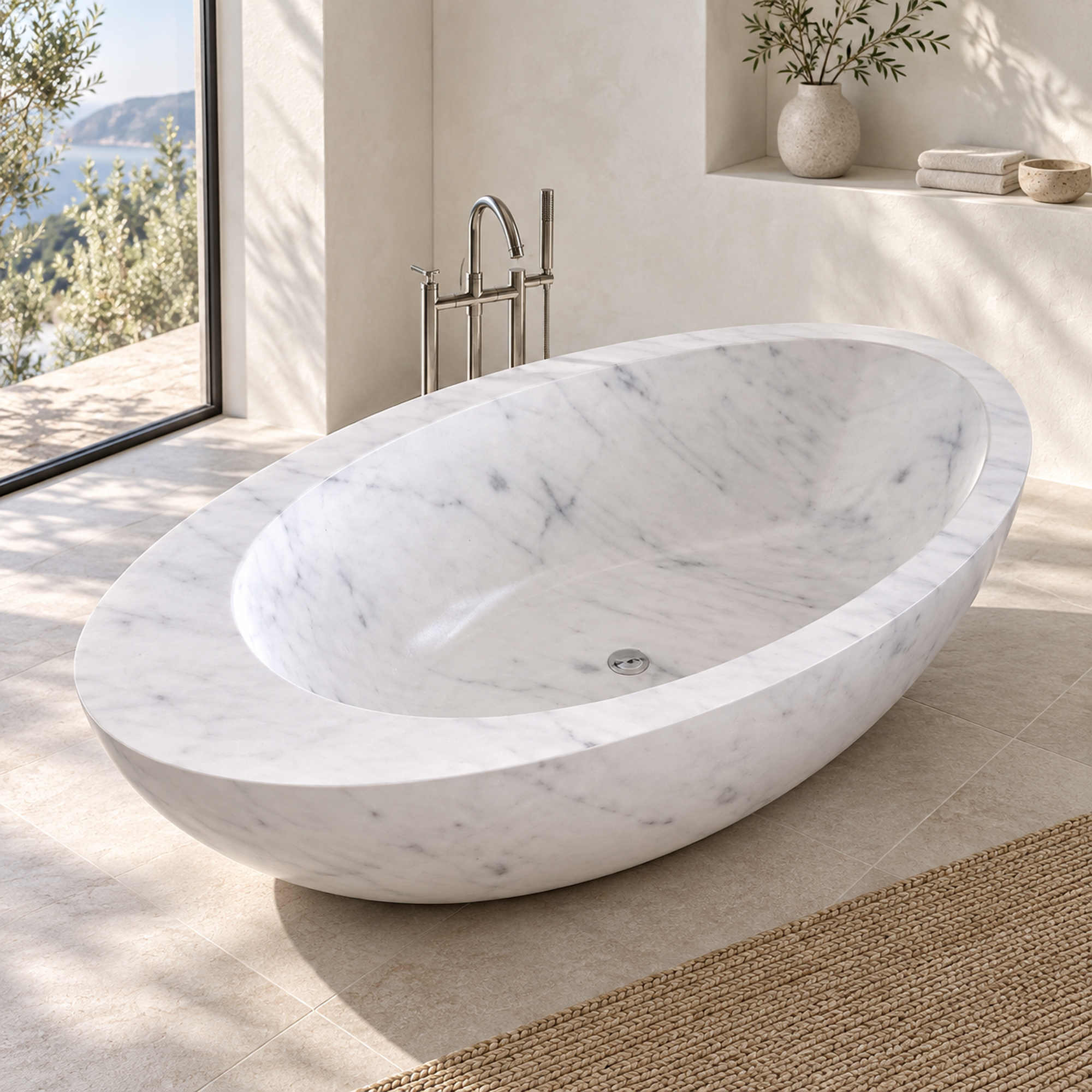 Yaris BT-121A Carrara marble bathtub with broad short-end rim and offset oval basin in a bright ivory bathroom.