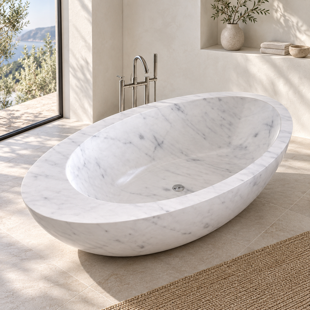 Yaris BT-121A Carrara marble bathtub with broad short-end rim and offset oval basin in a bright ivory bathroom.