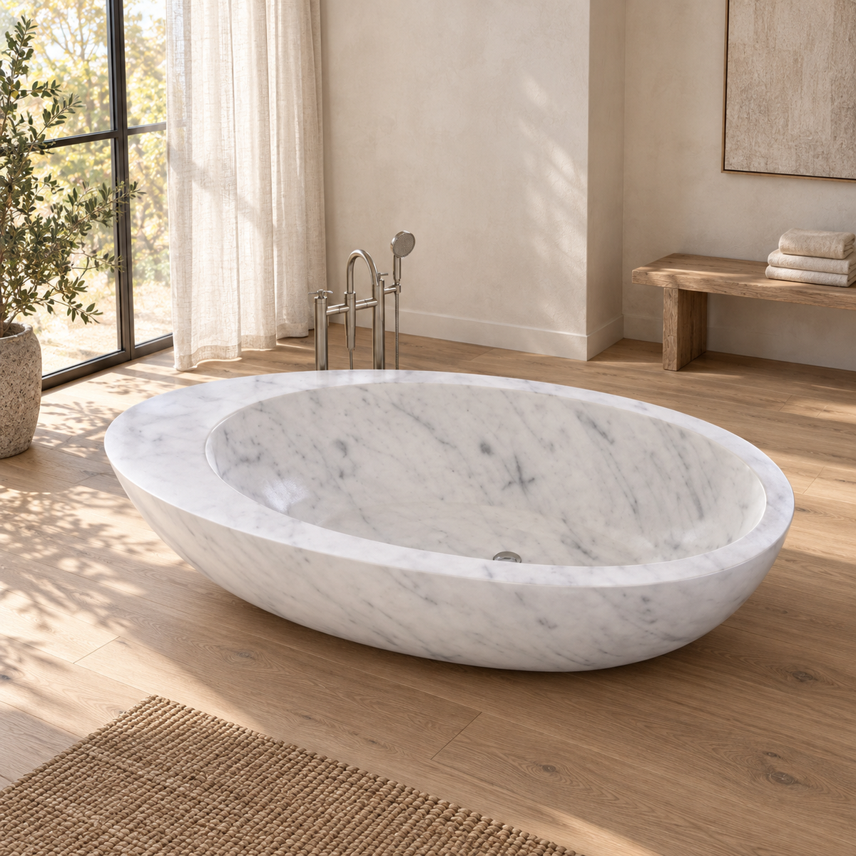 Yaris BT-121A Carrara marble bathtub with its broad crescent end rim in a warm oak-floored bathroom.