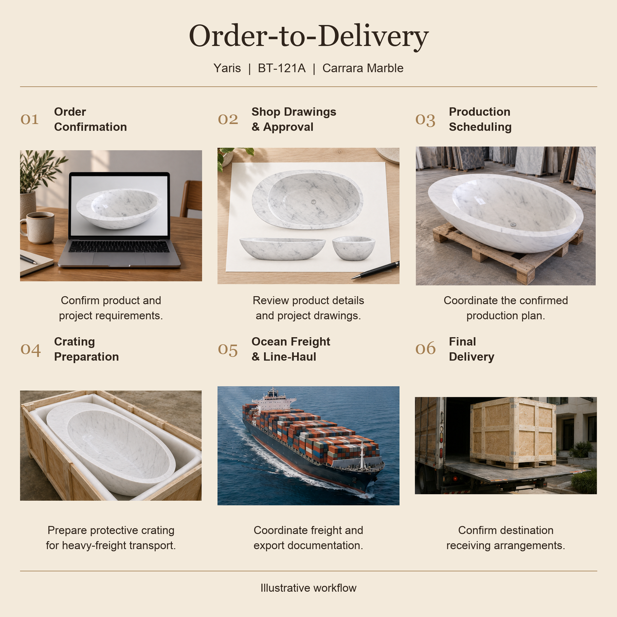 Yaris BT-121A Carrara marble bathtub order-to-delivery workflow: order confirmation, drawing approval, production scheduling, crating preparation, ocean freight and final delivery.