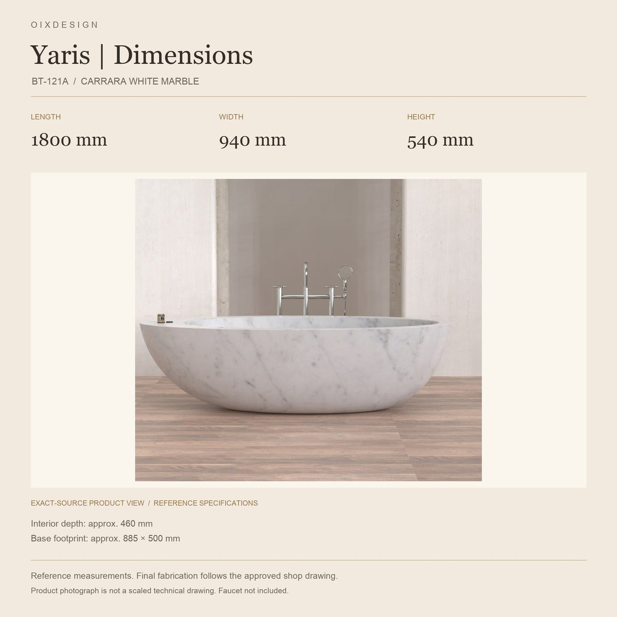 Yaris BT-121A Carrara White Marble bathtub reference dimensions: length 1800 mm, width 940 mm, height 540 mm; actual-source product image in a warm ivory specification layout