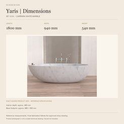 Yaris BT-121A Carrara White Marble bathtub reference dimensions: length 1800 mm, width 940 mm, height 540 mm; actual-source product image in a warm ivory specification layout