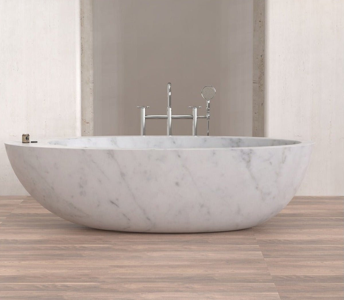 Yaris BT-121A Carrara White Marble bathtub, original product reference view; source photograph reframed without changing the stone, rim or silhouette